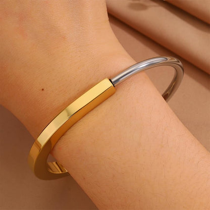 Two Tone Gold Bracelet for Women Lock Inspired Design, Stainless Steel Open Cuff Bangle, Minimalist Gift Jewelry