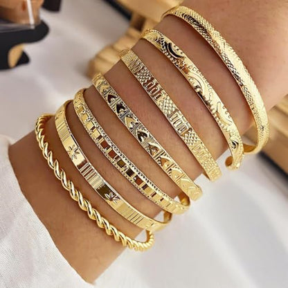 14k Gold-plated multi-layer stackable cuff Bracelet Sets for Women Adjustable Bohemian Open Bangle-Bracelets - color: 14k gold