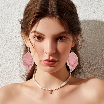 Handmade Bohemian Large Soft Genuine Leather Fringe Double Feather Dangle Drop Earrings Lightweight Simple Color PU Leaf Hook Earrings for Women - color: Pink