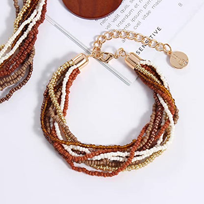 Coiris Multi Strand Statement Colorful Beaded Necklace with Big Circle Shell Pendant for Women - color: ST0012-Dark Brow