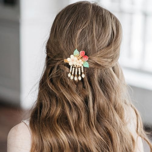 A Pair Wedding Hair Clips, Handmade Floral Design Crystal Hair Clips Pearl Barrettes, Rhinestones Flower Clips Pearl Headpieces Hair Pins Hair Accessories for Women Girls (White Peach) - color: White Peach