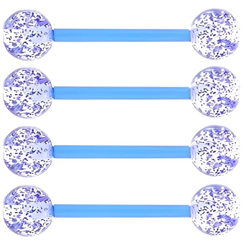 Sequin Barbell Piercing Set for Men Women 14 G Acrylic Tongue Ring Jewellery Long Cute Nipple Piercings Bars Kit Hypoallergenic Flexible Stud 4 pcs Body Jewelry Size 16 MM - color: Blue
