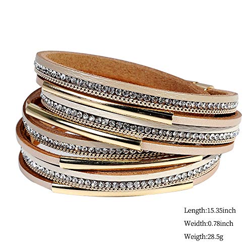 Artilady Leather Wrap Bracelet for Women, Pearl Beaded Bangle Stack Jewelry | Easy on-off, Elegant Handmade Multi-Layered, Daily Casual Date Beach Vacation, Gift for Ladies, Mother, Sister & Friend - style: Light Brown with Gold bar
