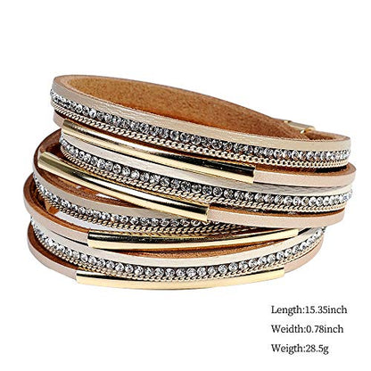 Artilady Leather Wrap Bracelet for Women, Pearl Beaded Bangle Stack Jewelry | Easy on-off, Elegant Handmade Multi-Layered, Daily Casual Date Beach Vacation, Gift for Ladies, Mother, Sister & Friend - style: Light Brown with Gold bar