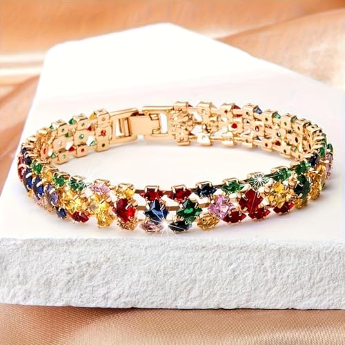 1PCS Bohemian Tennis Bracelet for Women, Golden Plated Copper Colorful Synthetic Zirconia, Elegant Jewelry for Anniversary - color: Gold