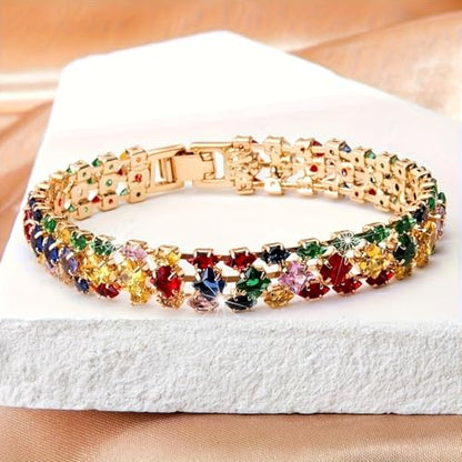 1PCS Bohemian Tennis Bracelet for Women, Golden Plated Copper Colorful Synthetic Zirconia, Elegant Jewelry for Anniversary - color: Gold