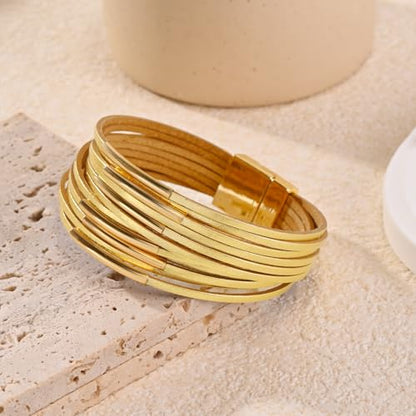 Wrapped Bracelets for Women,Leather Boho Bracelets for Women - color: Leather-Golden