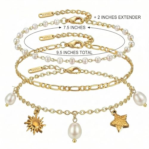 Dainty Gold Shell Pearl Ankle Bracelets for Women, Trendy Anklet Stack Charm Bracelet Adjustable Chain Summer Ocean Beach Accessories Fashion Jewelry Gift - color: Sun Pearl Star