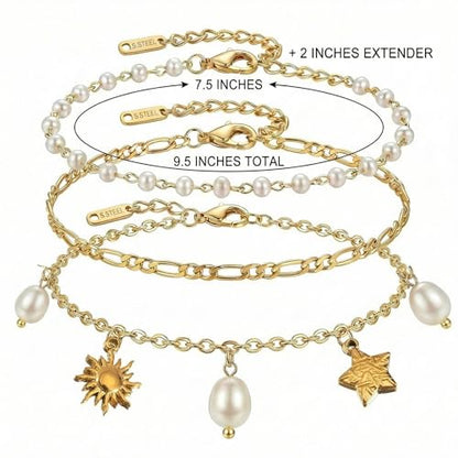 Dainty Gold Shell Pearl Ankle Bracelets for Women, Trendy Anklet Stack Charm Bracelet Adjustable Chain Summer Ocean Beach Accessories Fashion Jewelry Gift - color: Sun Pearl Star