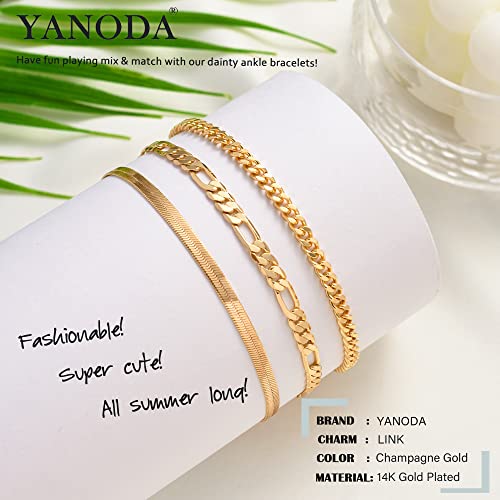YANODA 3Pcs Gold Ankle Bracelets for Women Dainty 14k Gold Plated Layering Anklets Set Adjustable Fashion Link Chain Ankle Bracelet Adjustable Beach Foot Jewelry Gifts for Women - color: Snake+Cuban(M)+Figaro