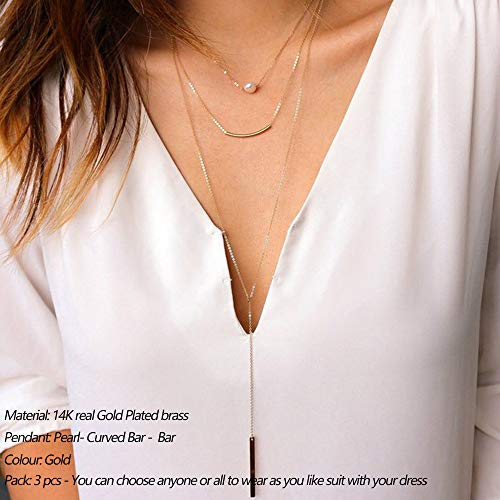 Turandoss Dainty Layered Choker Necklace, Handmade Y Pendant Necklace Multilayer Bar Disc Necklace Adjustable Layering Choker Necklaces for Women - style: 3PCS - simulated Pearl&Curved Bar&Bar