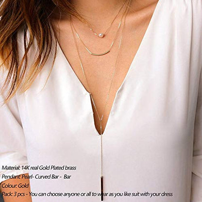 Turandoss Dainty Layered Choker Necklace, Handmade Y Pendant Necklace Multilayer Bar Disc Necklace Adjustable Layering Choker Necklaces for Women - style: 3PCS - simulated Pearl&Curved Bar&Bar