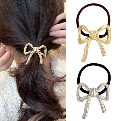 Bow Hair Ties for Women Gold Silver Metal Hair Tie for Girls Elegant Elastics Rubber Hair Scrunchies for Long Thick Bowknot Ponytail Holder Christmas Gifts Bow Hair Accessories 2Pcs