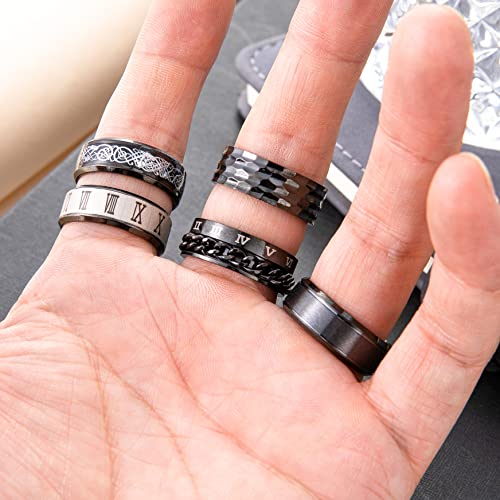 9Pcs Stainless Steel Band Rings for Men Women Fidget Anxiety Relief Rings Spinner Ring Wedding Promise Rings Set - color: Black