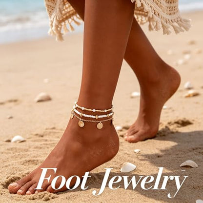 Gold Anklets Bracelets for Women Waterproof Layered Beaded Anklet Bracelets Set Boho Pearl Starfish Shell Anklet Bracelet Stacked Turquoise Anklets Bracelet Summer Beach Foot Jewelry Gift for Women - style: Gold Beaded