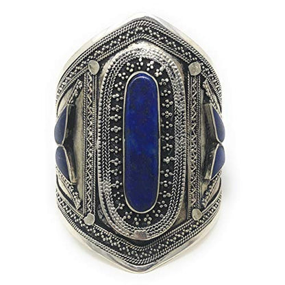 Afghan Tribal Wide Adjustable Cuff Bracelet Set – Boho Chic Statement Pair Featuring Bold Red & Blue Stones, Intricate Engravings, Oxidized Finish, 0.8 to 3.5-Inch Width