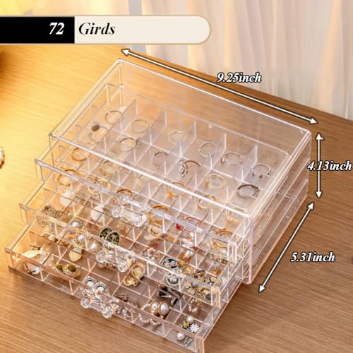 Earring Organizer Box Acrylic Stackable Jewelry Organizer with 3 Drawers 72 Small Compartments Clear Jewelry Display Stand for Stud Earring Ring Pin Display (Transparent) - color: Transparent