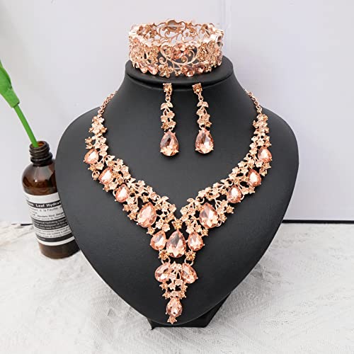 CSY Elegant Crystal Costume Jewelry Sets Flower Bridal Necklace Earrings Stretch Bangle Set for Bride Bridesmaid Wedding Dress Accessories - color: peach crystal-rose gold tone