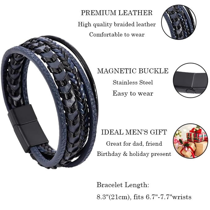 Mens Leather Bracelet Multi-Layer Braided Bracelet Wristband Father's Day Birthday Jewelry Gifts 8.5" Classic Bracelet with Stainless Steel Buckle - color: blue