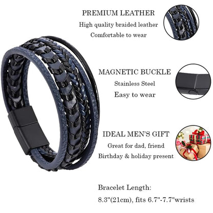 Mens Leather Bracelet Multi-Layer Braided Bracelet Wristband Father's Day Birthday Jewelry Gifts 8.5" Classic Bracelet with Stainless Steel Buckle - color: blue