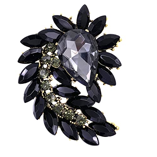 SELOVO Marquise Shape Rhinestone Red Leaf Costume Brooch Pin Jewelry Antiqued Gold Tone - color: Black
