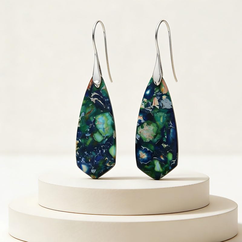 Boho Natural Imperial Jasper Teardrop Dangle Earrings for Women – Hypoallergenic French Hook Stone Drop Earrings Jewelry - color: Green Silvery Hook 2#