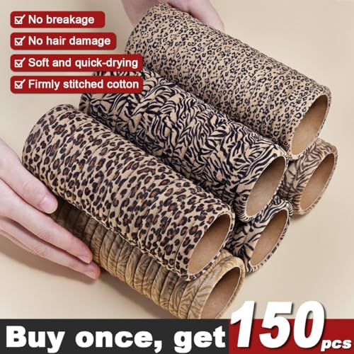 IKOCO 150PCS Seamless Hair Ties for Women, No Damage, Leopard Print | Cotton Ponytail Holders, Value Pack, Elastic, No Breakage, No Crease, Durable Hold, for Thick & Curly Hair - color: Leopard Animal Print