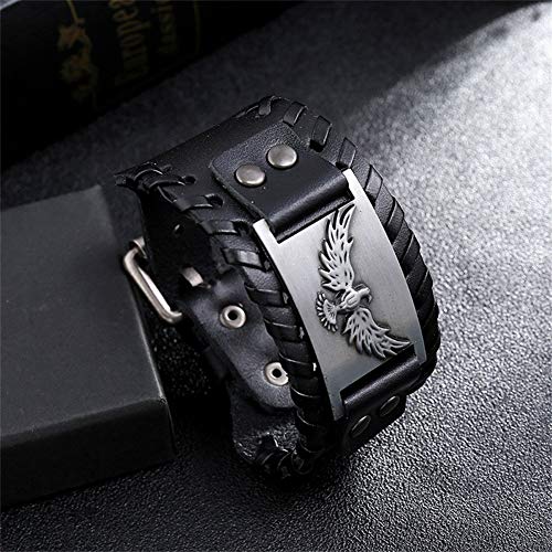 GelConnie Viking Bracelet Punk Leather Cuff Bracelet Gothic Leather Wristband Bracelet with Nordic Amulet Scandinavian Talisman Celtic Pagan Jewelry - color: Black Eagle