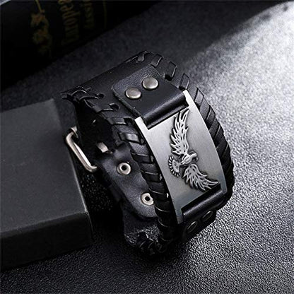 GelConnie Viking Bracelet Punk Leather Cuff Bracelet Gothic Leather Wristband Bracelet with Nordic Amulet Scandinavian Talisman Celtic Pagan Jewelry - color: Black Eagle
