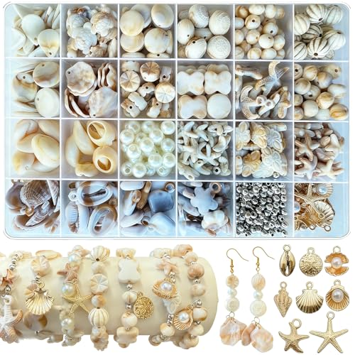 610Pcs Ocean Beads for Bracelets Making Kit, Shell Beads for Jewelry Making, Imitation Boho Shell Turtle Starfish Shape Sea Beach Bead Charms for Summer Sea Dangle Pendant Earring DIY Craft Necklace - color: Beige