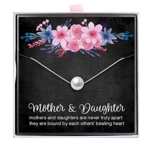 Mother Daughter Pearl Necklace for Women 925 Sterling Silver Box Chain 8mm White Pearl Pendant Necklace Birthday Christmas Gift for Mom