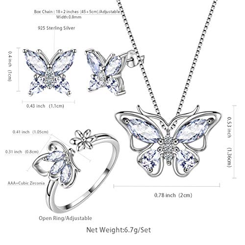 Aurora Tears Butterfly Jewelry,Women 925 Sterling Silver Butterflies Birthstone Pendant Necklace/Earrings/Rings Wedding Gift - color: D.April-set 2