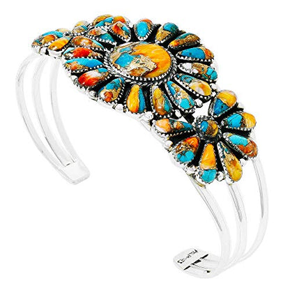 Southwest Style Genuine Gemstones 925 Sterling Silver Cluster Bracelet - color: Spiny Turquoise