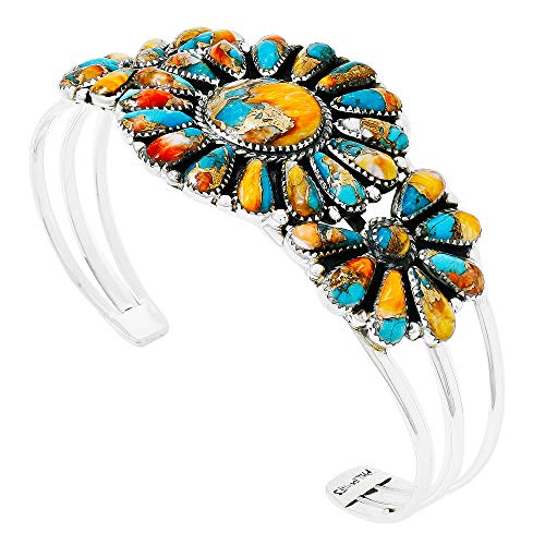 Southwest Style Genuine Gemstones 925 Sterling Silver Cluster Bracelet - color: Spiny Turquoise
