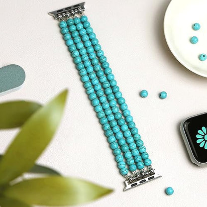 Newlibery Natural Stone Bracelet Beaded-Band Women Compatible with Apple Watch 42mm(S3/2/1) 44/45/46/49mm Feminine Handmade Stretch Strap for iWatch Series 11/10/9/8/7/6/5/4/3/2/1 SE 3/2/1 Ultra1/2/3 - color: B1 Matt Green Turquoise, size: 46(s10/11)/49/4