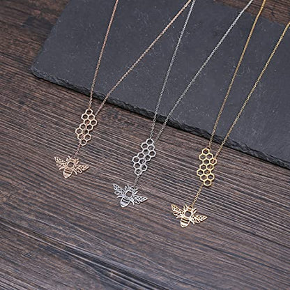 18K Gold Plated Stainless Steel Bee Honeycomb Pendant Necklace, Adjustable Y Lariat Conch/Guitar/Horseshoe Necklace for Women - color: Silver, style: Bee