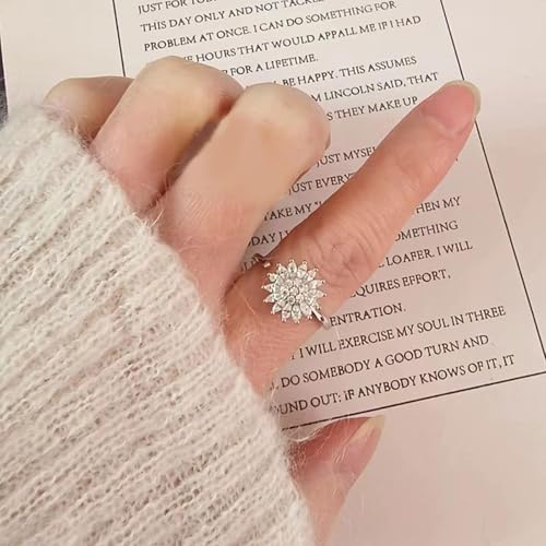 Sunflower Fidget Ring for Women Gold Anxiety Crystal Rings Cubic Zirconia Sunflower Open Adjustable Fidget Ring Spinner Sun Ring for Men Trendy Jewelry - color: Sunflower Silver