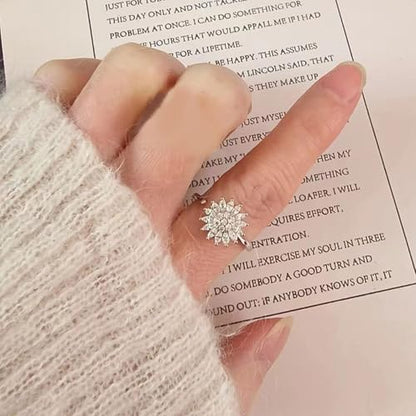 Sunflower Fidget Ring for Women Gold Anxiety Crystal Rings Cubic Zirconia Sunflower Open Adjustable Fidget Ring Spinner Sun Ring for Men Trendy Jewelry - color: Sunflower Silver
