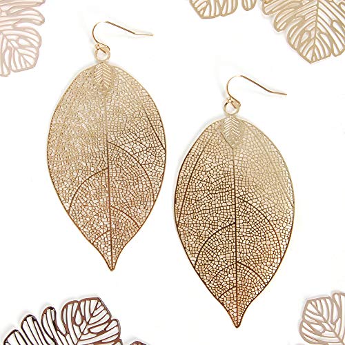 Leaf Earrings for Women - Gold or Silver Tone Filigree Dangle Earrings | Plated in Gold Tone or Silver Tone - color: 3.5" inch - Large Gold