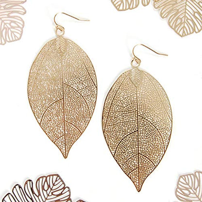 Leaf Earrings for Women - Gold or Silver Tone Filigree Dangle Earrings | Plated in Gold Tone or Silver Tone - color: 3.5" inch - Large Gold