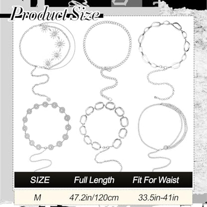 Liliaafar 6 Pcs Gold Silver Waist Chain Belt for Women Multi Layer Sun Metal Adjustable Body Belly Chain for Jean Dress - color: Silver
