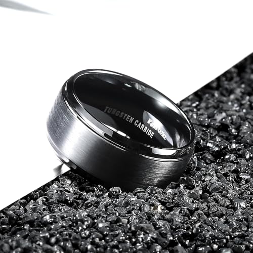 King Will Classic Tungsten Wedding Band for Men, 6/7/8/9/10mm Widths, Polished Finish Step Edge Matte Rings Comfort Fit - color: B-Black 10mm