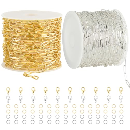 2 Rolls Paperclip Chain for Jewelry Making 33FT Jewelry Chain Links | Silver and Gold Chains Bulk with Lobster Clasps Jump Rings for DIY Craft Finding Jewelry Making Supplies - color: 2.8×7.6 Paperclip Chain