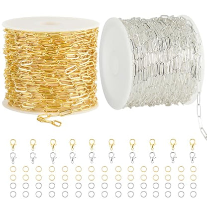 2 Rolls Paperclip Chain for Jewelry Making 33FT Jewelry Chain Links | Silver and Gold Chains Bulk with Lobster Clasps Jump Rings for DIY Craft Finding Jewelry Making Supplies - color: 2.8×7.6 Paperclip Chain