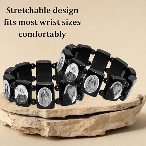 Catholica Shop Devotional Catholic Religious Wood Stretch Bracelets. Small and Large Panels with Assorted Images of Saints, Jesus and Mary. Unisex. Handcrafted in Brazil - style: B&W L Panel