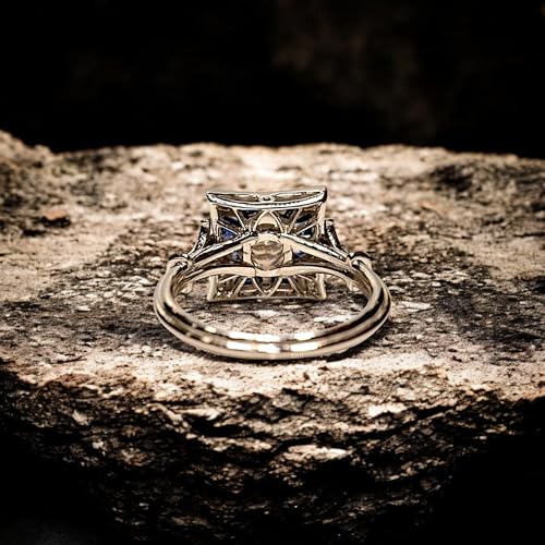 Vintage Old European Art Deco Diamond & Sapphire Ring for Women – Silver Plated Engagement Ring, Antique Style Square Halo Ring, Fine Jewelry Gift