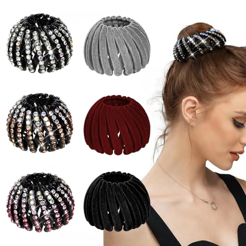 DI QIU REN 6 Pcs Expandable Bird Nest Clips Secure Ponytails and Hair Buns | Flexible Spiral Design, Sparkling Accent Detail, Lightweight Hold, Quick Styling for Thick, Thin, Curly, Straight Textures - color: Color-Velvet & Rhinestones