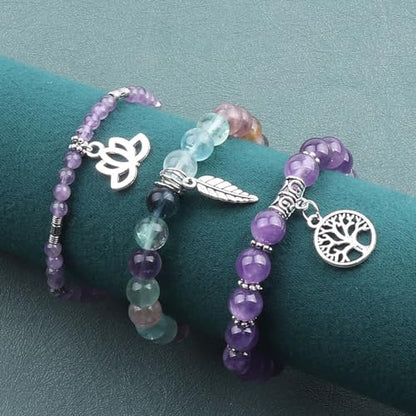 Tree of Life Yoga Healing Stone Bracelets,Multilayer Lotus Chakra Stone Reiki Bracelet Sets,Anxiety Crystal Natural Stone,for Women Stress Relief - style: Amethyst + Fluorite