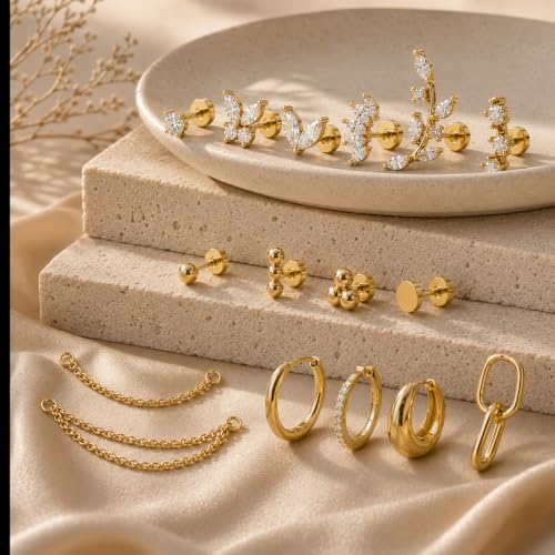 16 Single Gold Flat Back Earrings Set, Cartilage Piercing Jewelry | 316L stainless steel, 18K gold plated, nickel-free and hypoallergenic; studs, hoops, climbers and chains for ear stacks.