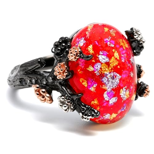 Henrietta Gothic Opal Ring for Women, Fantasy Promise Ring by Ginger Lyne | Simulated White Fire Opal, Cubic Zirconia Black Rose Gold Plated Bold Jewelry Statement Piece For Engagements, Gifts & Events - color: Red